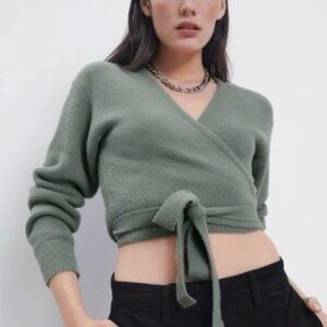 Zara Sage Cropped Wrap Sweater